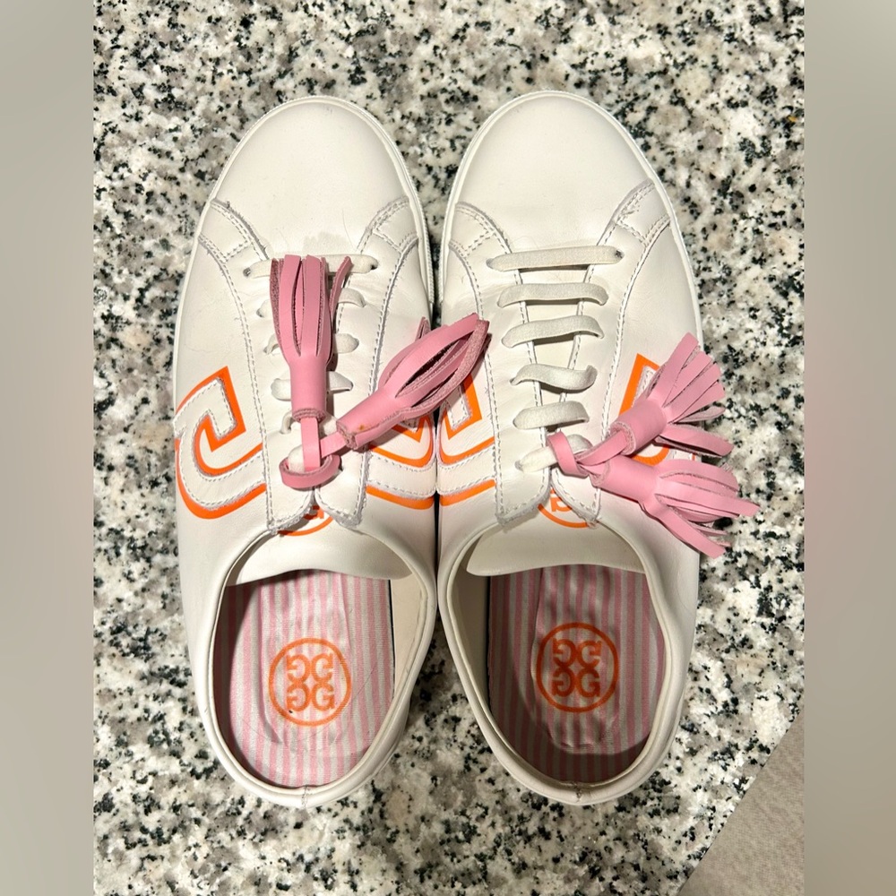 G/FORE LEATHER LIMITED EDITION Sneakers w Pink & Orange Accents/Tassels SIZE 8.5